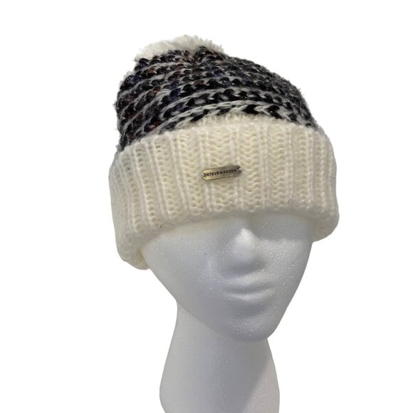 Steve Madden Womens Thick Knit Pom Pom Winter Beanie Hat Striped Design ecru O/S - Picture 1 of 11